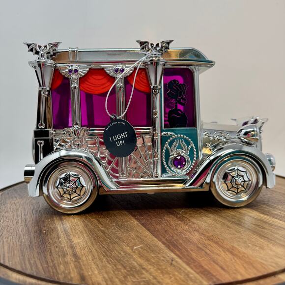 Bath & Body Works Skeleton Hearse Car Light Up 3-Wick Candle Holder Halloween - Picture 1 of 6
